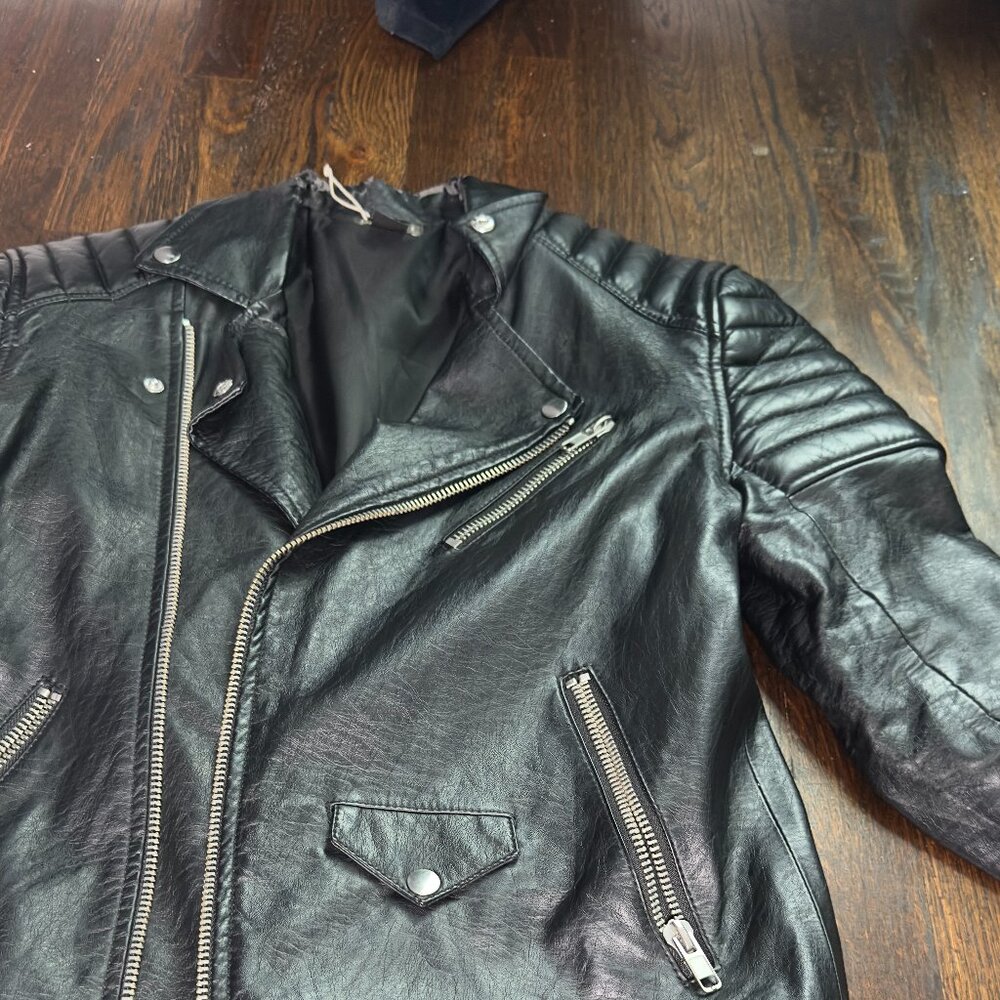 Men's Black Faux Leather Moto Biker Jacket | Size Small | Gently Worn